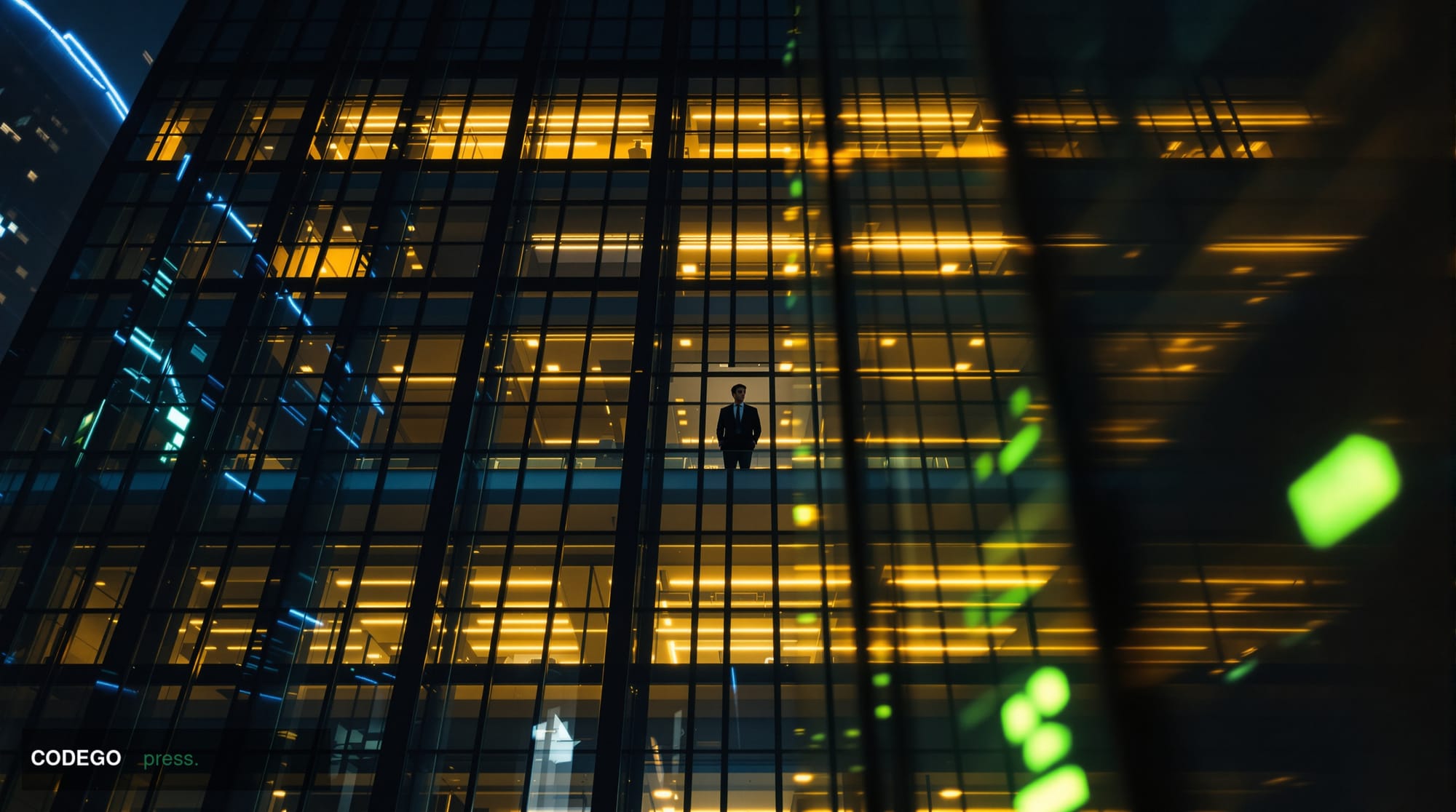 A dramatic cinematic editorial photograph of a sleek, glass-and-steel South Korean financial district building at night, view