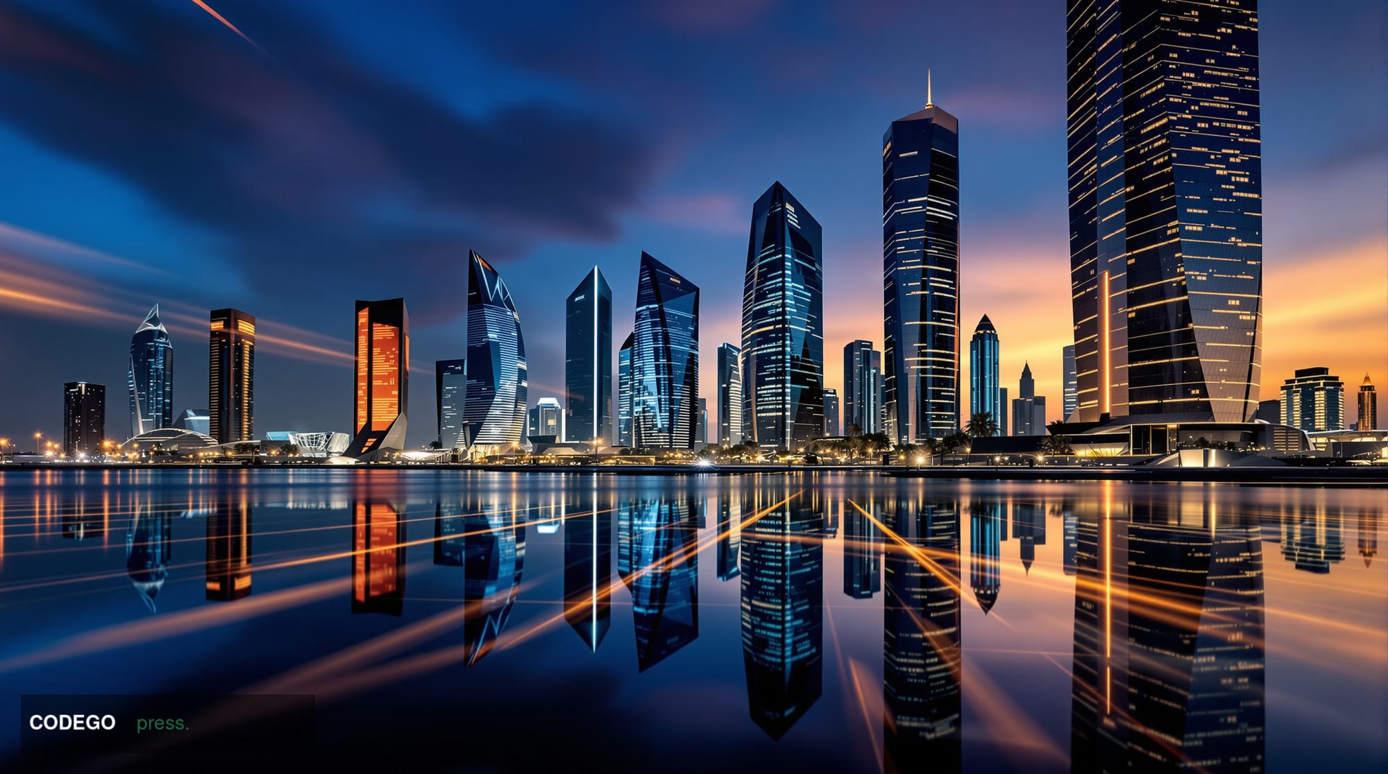 A cinematic editorial photograph set in Manama, Bahrain's gleaming financial district at dusk, with the angular glass towers 