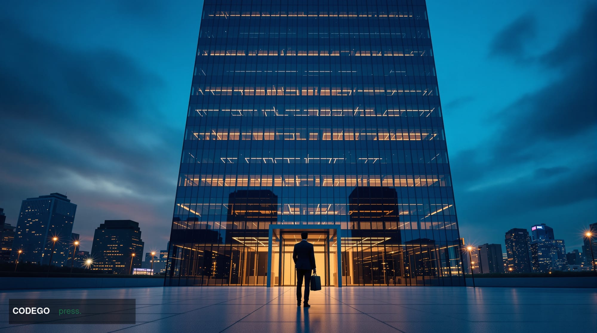 A dramatic cinematic editorial photograph of a modern mid-rise banking headquarters building shot from a low angle at dusk, t