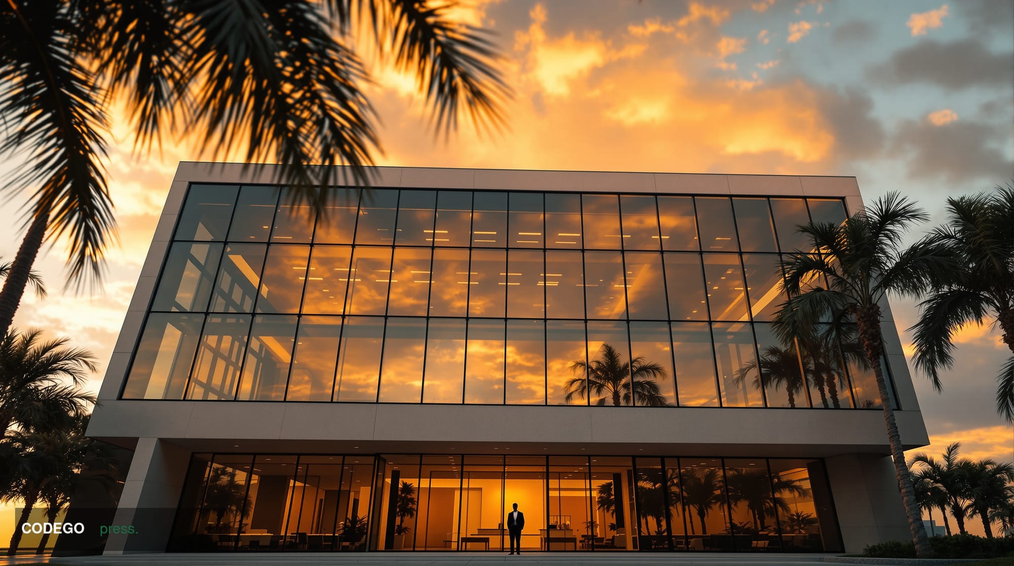 A cinematic editorial photograph of a modern Florida bank headquarters building exterior at golden hour, warm amber sunlight 