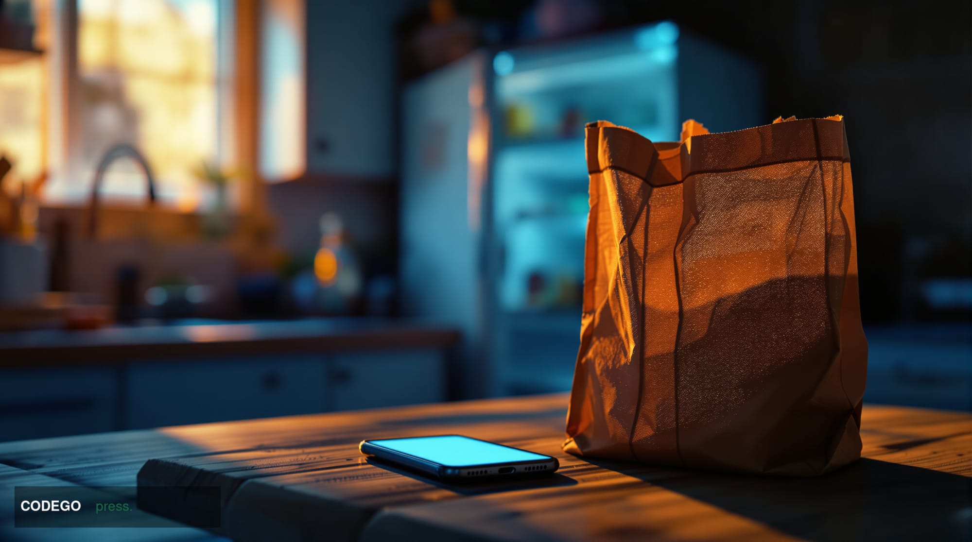 A cinematic editorial photograph shot from a low angle inside a modest American kitchen, dramatically lit with warm amber lig