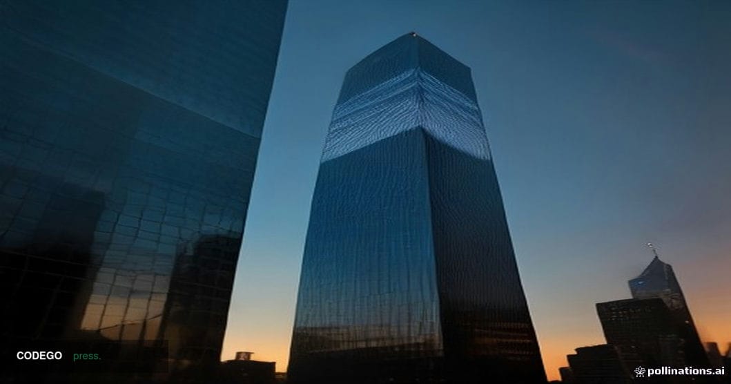 A sweeping exterior shot of a grand midtown Manhattan corporate glass tower at dusk, the kind of iconic American financial-di