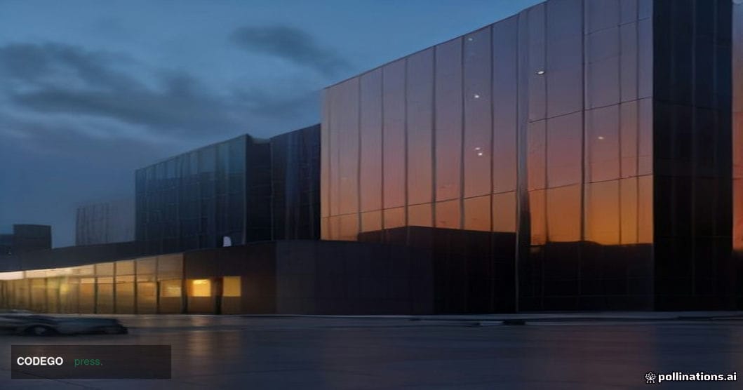 A dramatic cinematic editorial photograph of a sleek, imposing American Express corporate headquarters building exterior shot