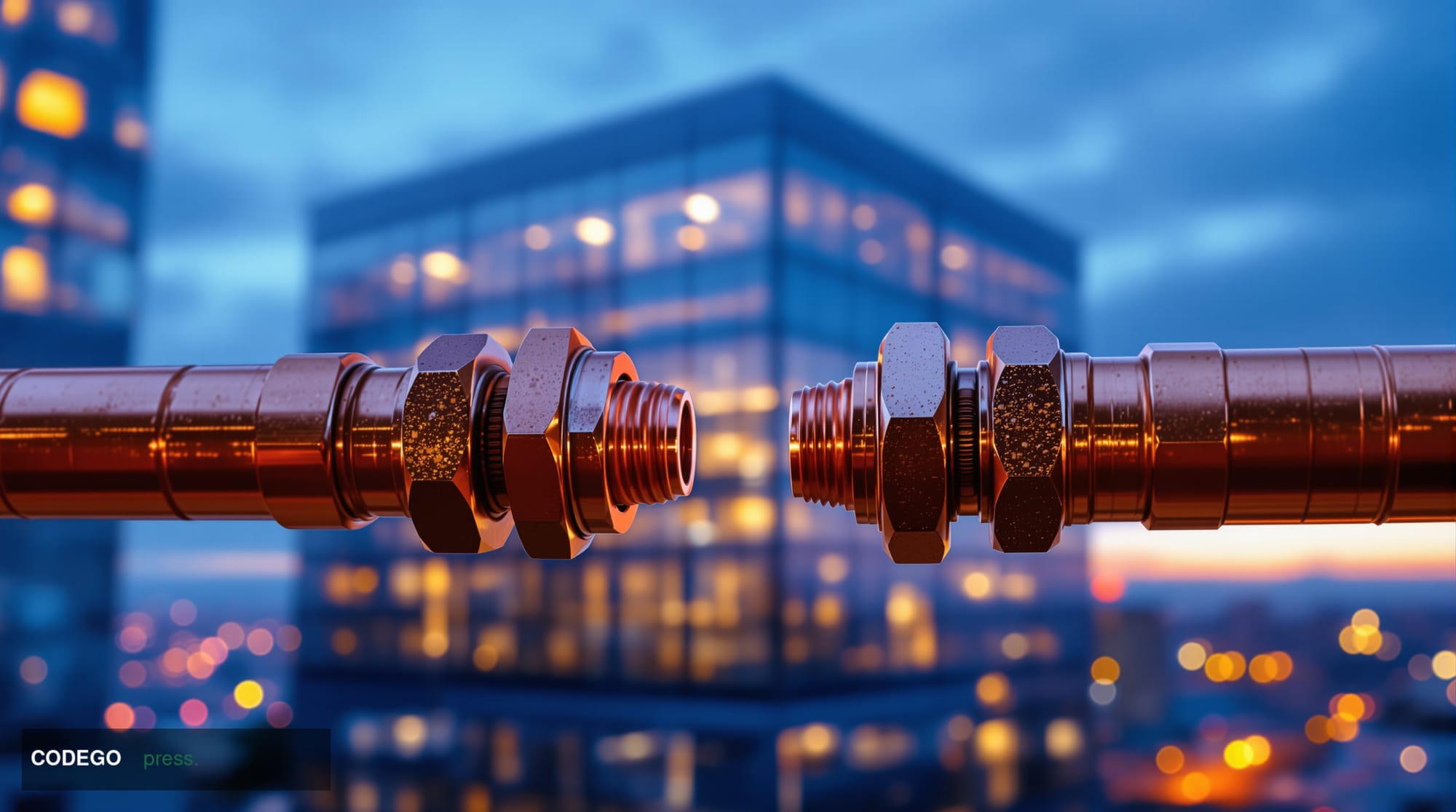 A cinematic editorial photograph shot at ground level looking up at a sleek modern financial technology campus at dusk, glass