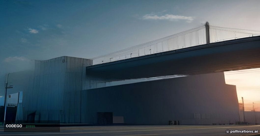 A cinematic editorial photograph shot at the US-Mexico border crossing at dusk, featuring the iconic twin flags and internati