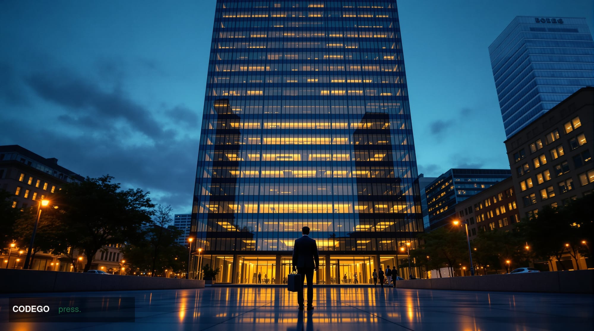 A cinematic editorial photograph of a sleek, minimalist glass-and-steel financial office building in San Francisco's Financia