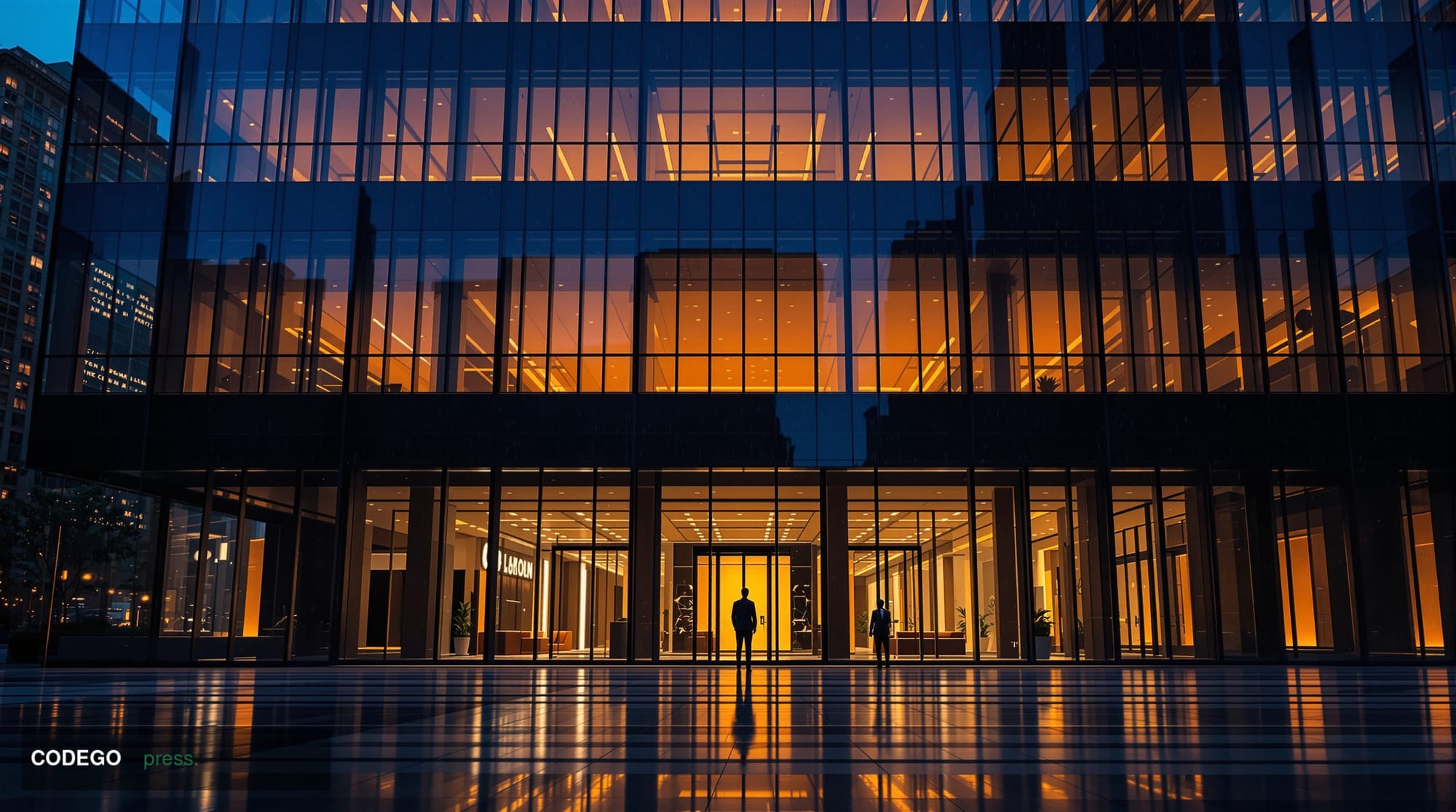 A dramatic exterior shot of a sleek, glass-clad financial institution building in San Francisco at dusk, shot from a low angl