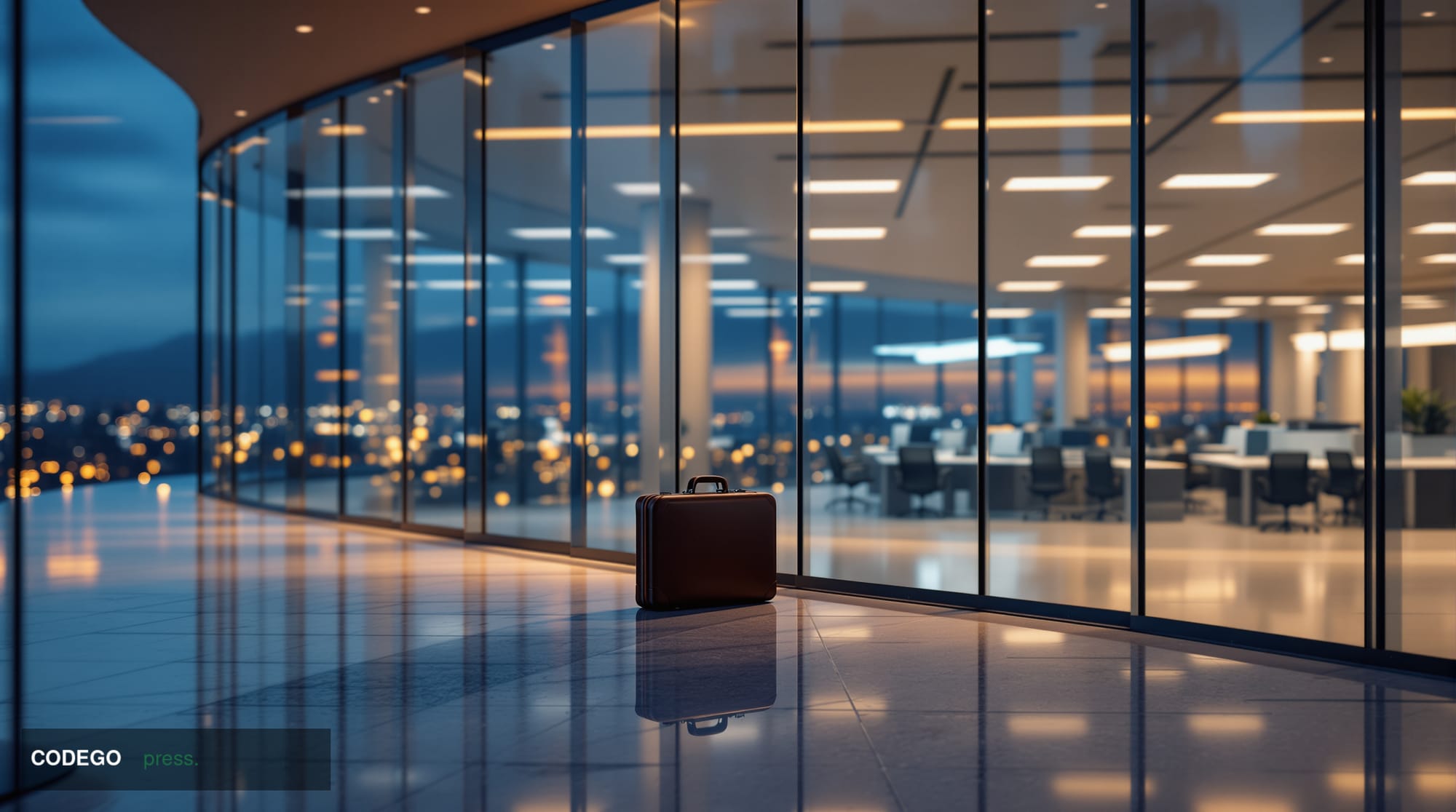 A dramatic cinematic editorial photograph of a sleek, minimalist institutional financial campus at dusk, representing a major