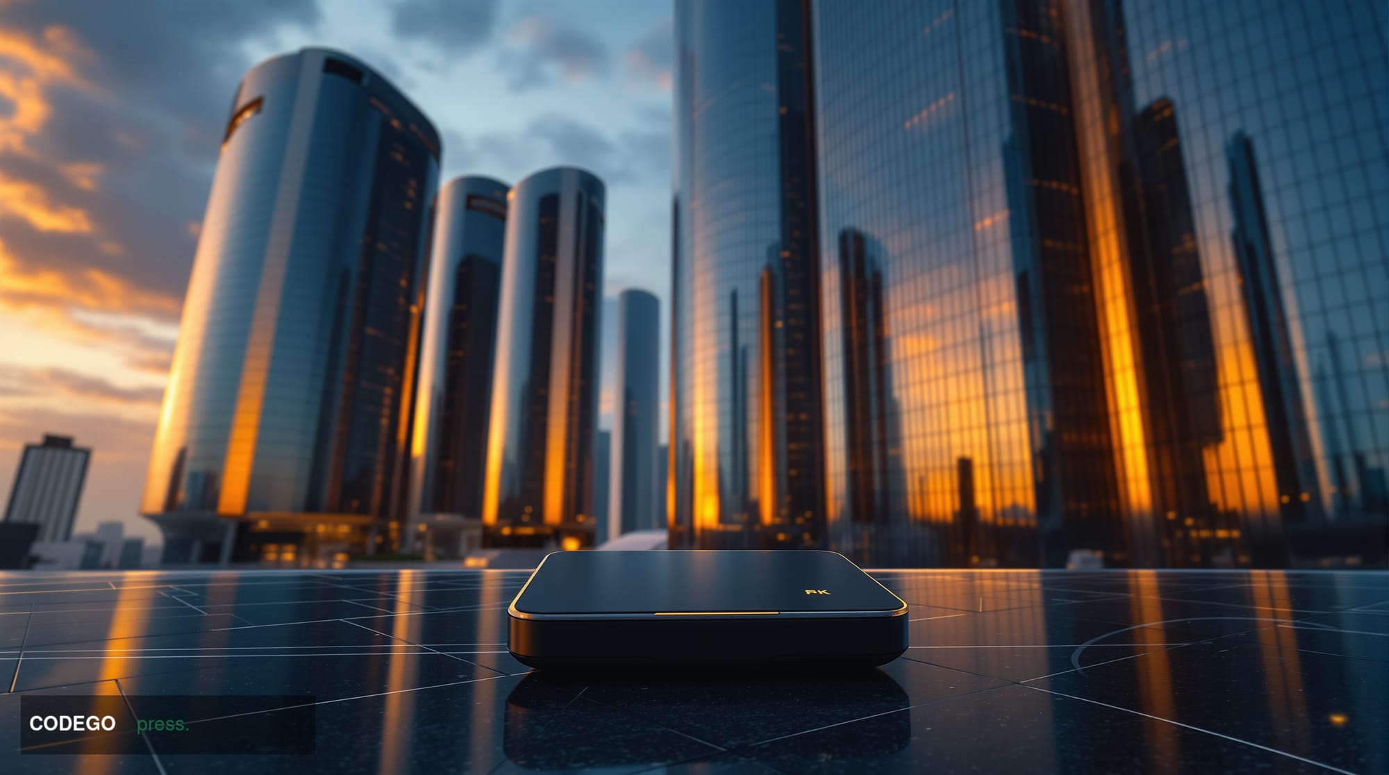 A cinematic editorial photograph set in a vast, ultra-modern Asian financial technology campus at dusk, modeled on the archit