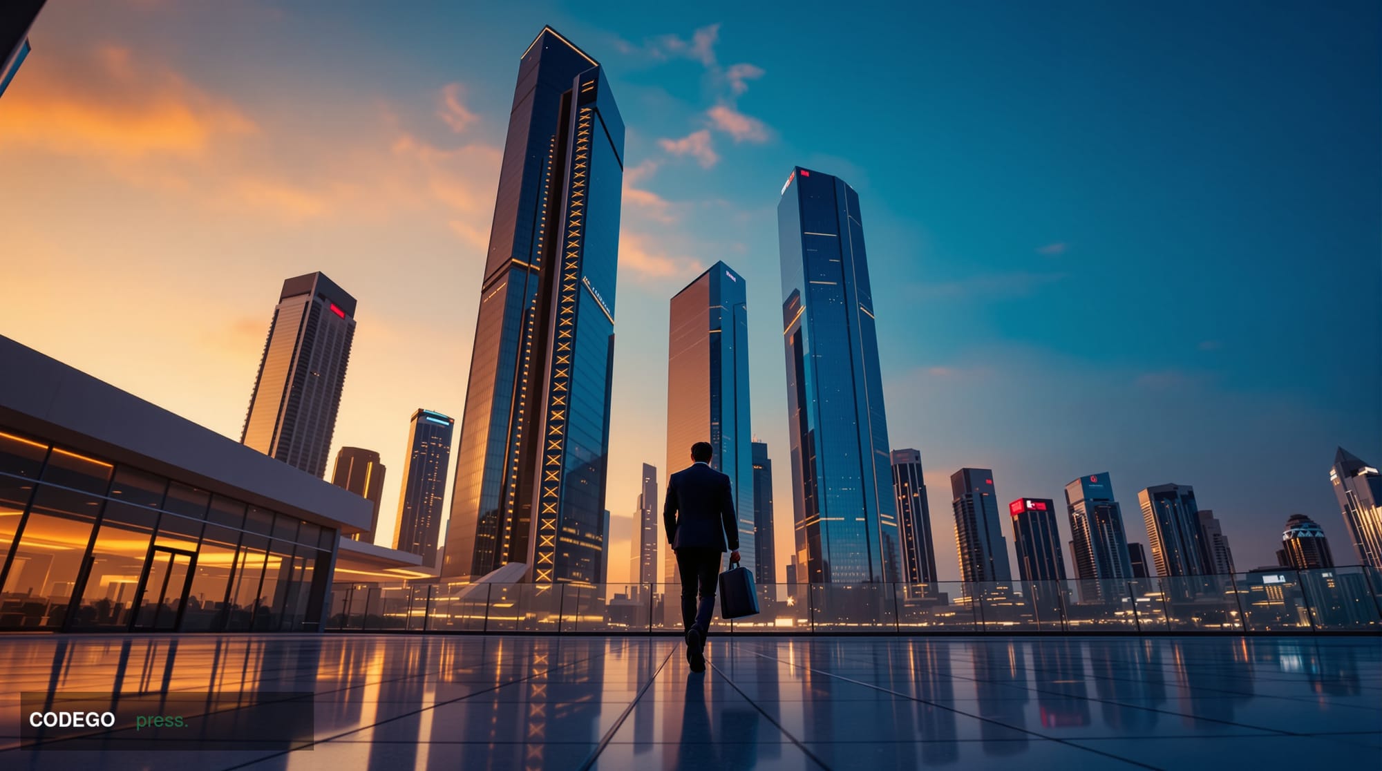 A dramatic cinematic editorial photograph set in the UAE at dusk, featuring the iconic glass-and-steel towers of Abu Dhabi's 