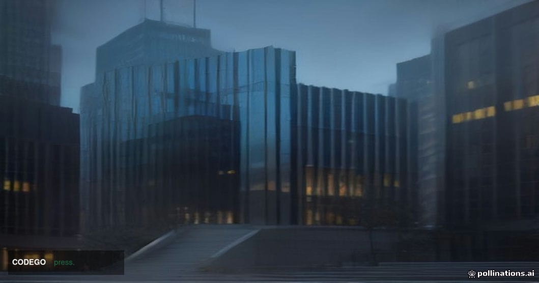 A cinematic editorial photograph of a modern glass-and-steel financial district building exterior at dusk, representing a maj