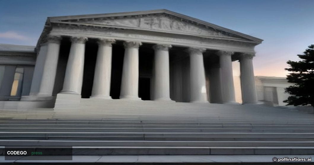 A cinematic editorial photograph of a grand federal courthouse exterior at dusk, its imposing neoclassical stone columns and 