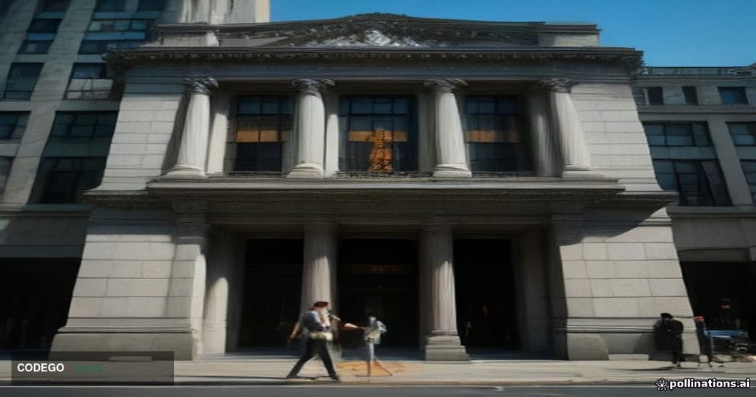A cinematic editorial photograph shot from street level looking up at a classic mid-century New York commercial bank building