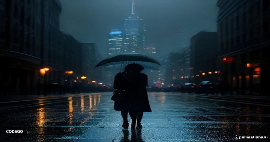 A cinematic editorial photograph set in a rain-slicked Toronto urban street at night, with cold blue ambient light reflected 