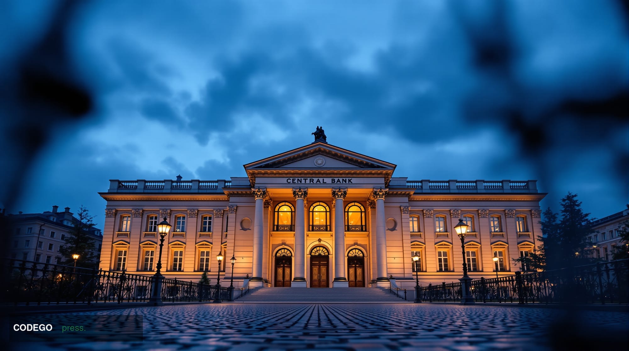 A cinematic editorial photograph of a grand neoclassical central bank building in Riga, Latvia, shot at dusk from a low angle