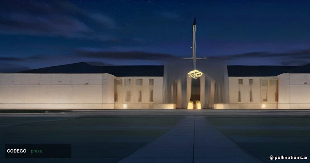 A sweeping cinematic aerial view of the Australian Parliament House in Canberra at dusk, its distinctive geometric white faca