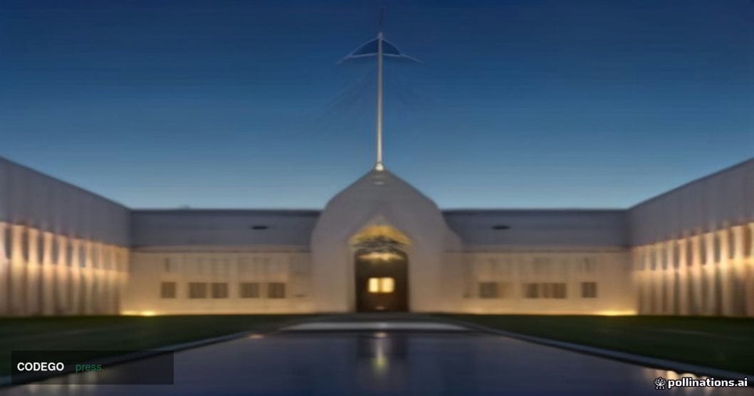 A cinematic editorial photograph of the Australian Parliament House in Canberra at dusk, its iconic flagpole and geometric wh