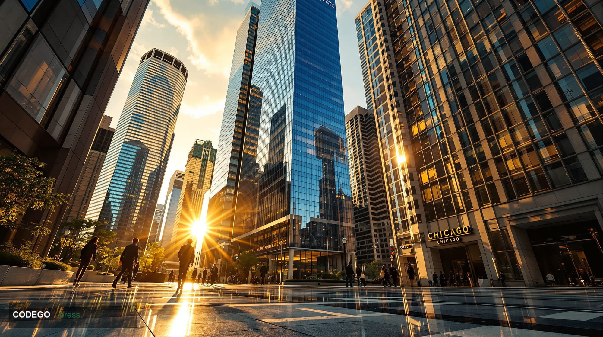 A cinematic editorial photograph of a dramatic Chicago financial district skyline at golden hour, shot from street level look