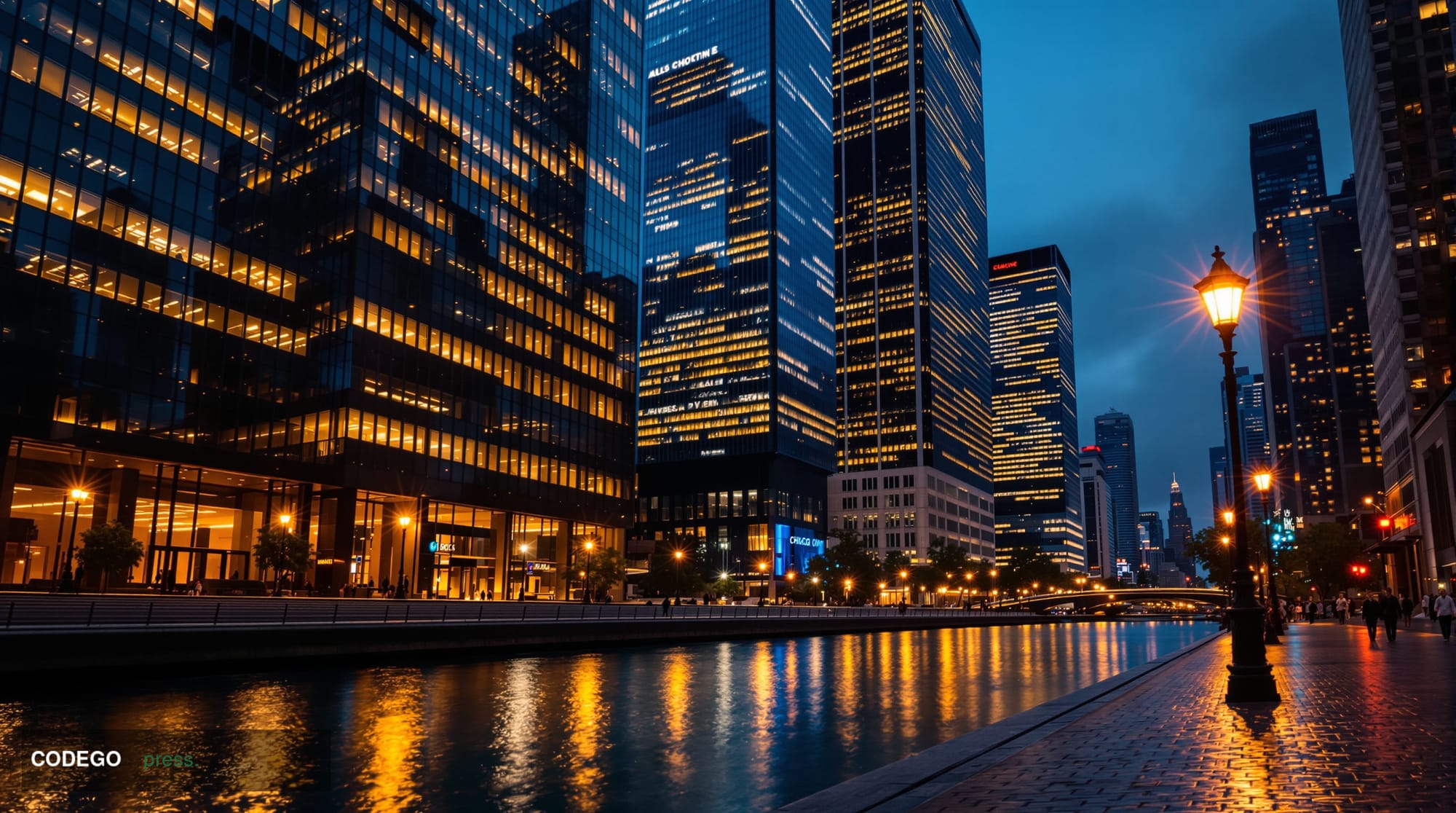 A cinematic editorial photograph of Chicago's financial district at dusk, with the city's iconic glass-and-steel skyscrapers 