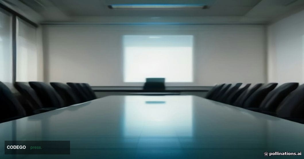 A cinematic editorial photograph shot from a low angle inside a sleek, modern corporate procurement office, bathed in warm am