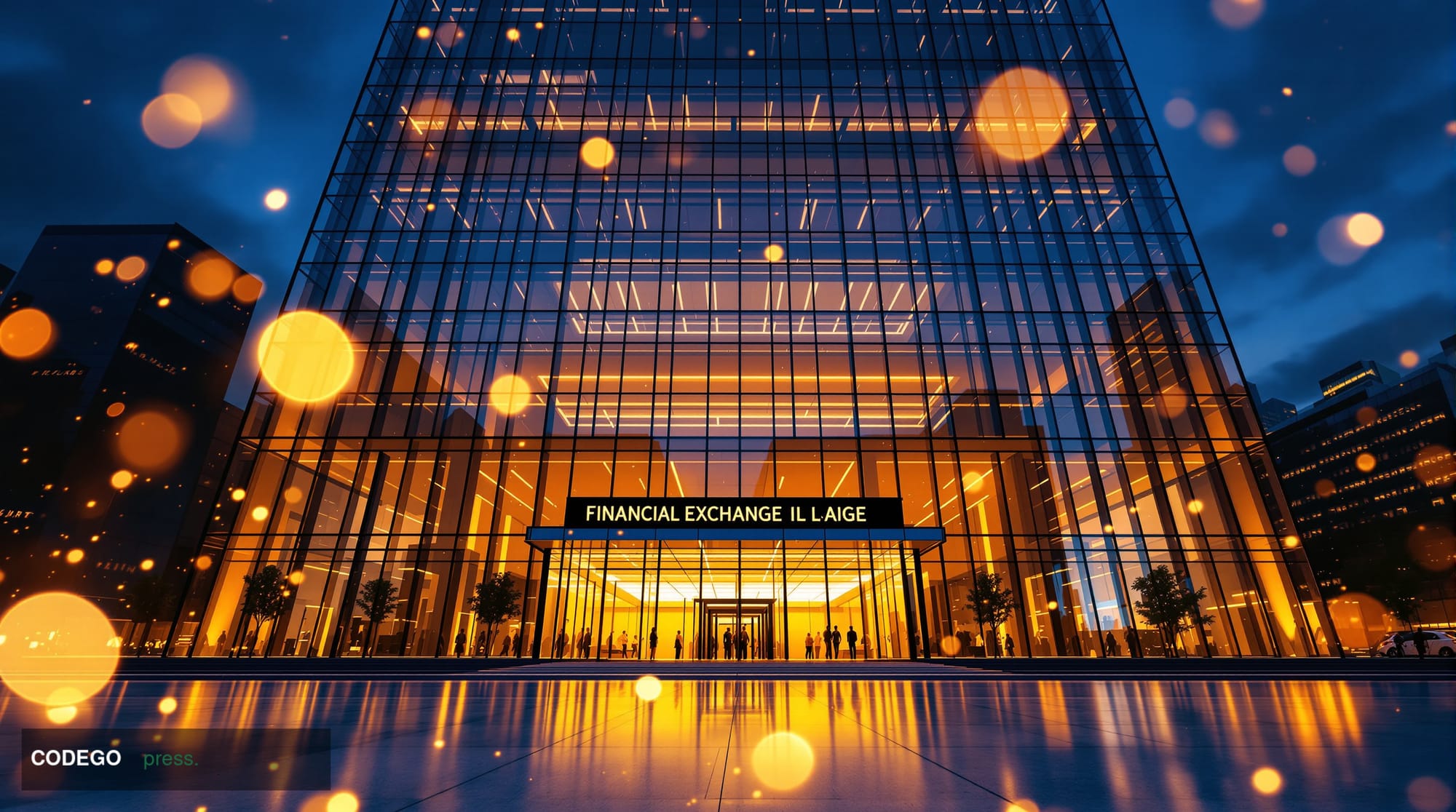 A cinematic editorial photograph shot from a low angle looking up at a gleaming glass-and-steel financial exchange building f