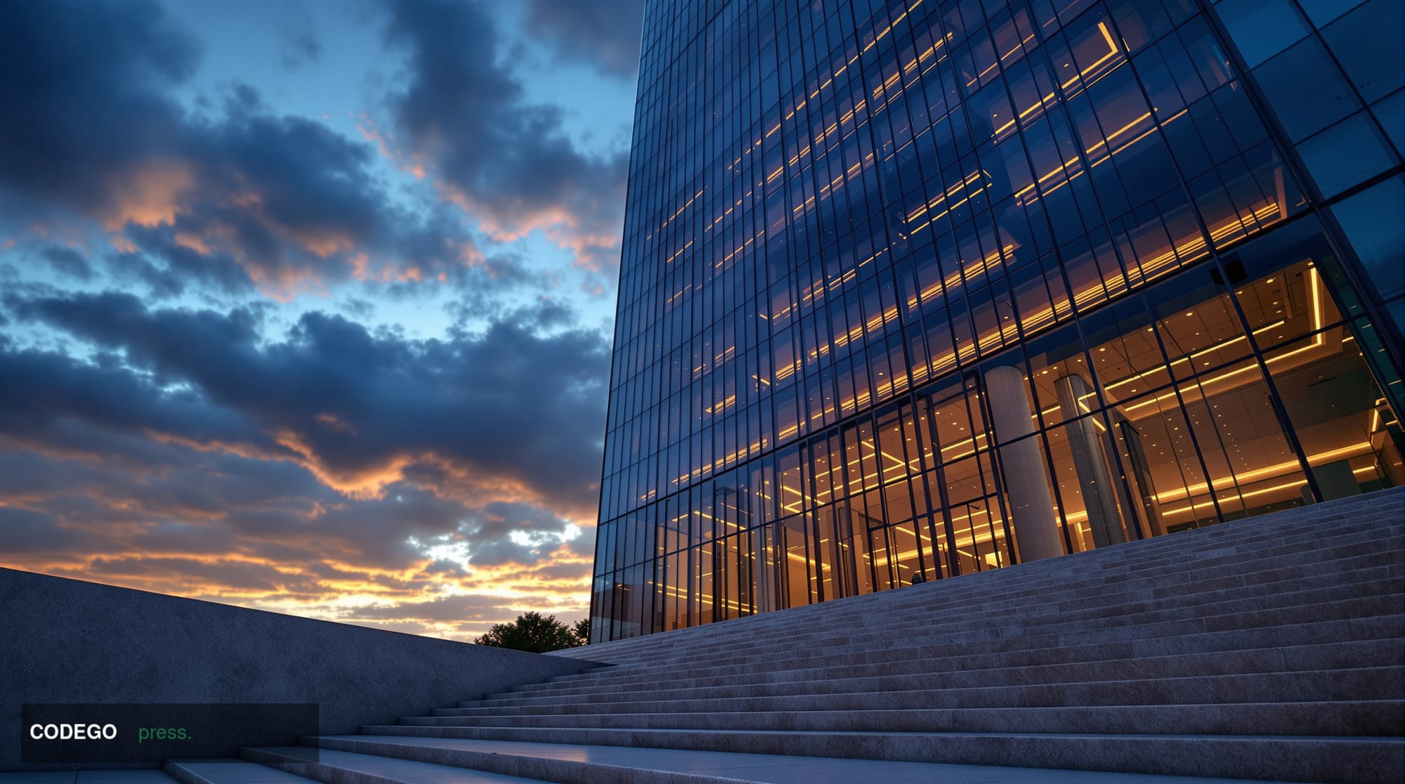 A dramatic cinematic editorial photograph of a monumental neoclassical bank building exterior — modeled on the imposing glass