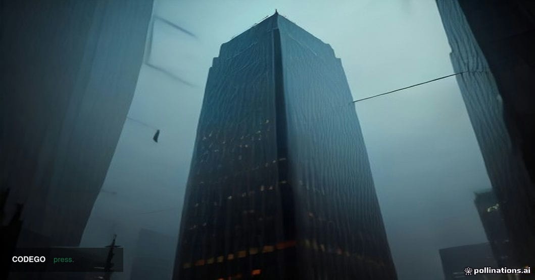 A cinematic editorial photograph of a monumental glass-and-steel financial headquarters tower photographed from a low angle a
