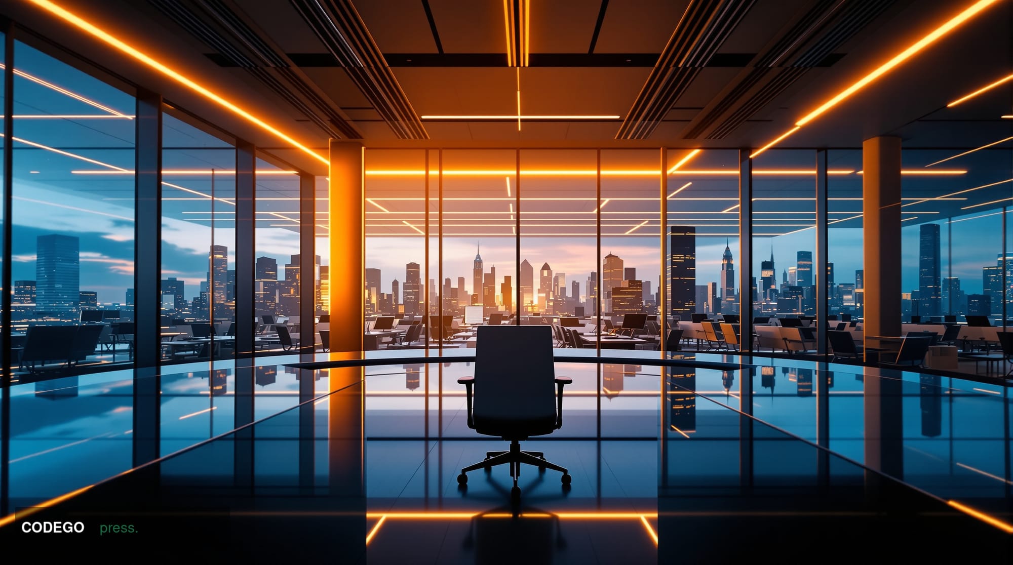A cinematic editorial photograph taken from a low angle inside a sleek, modern corporate training facility, evoking the scale