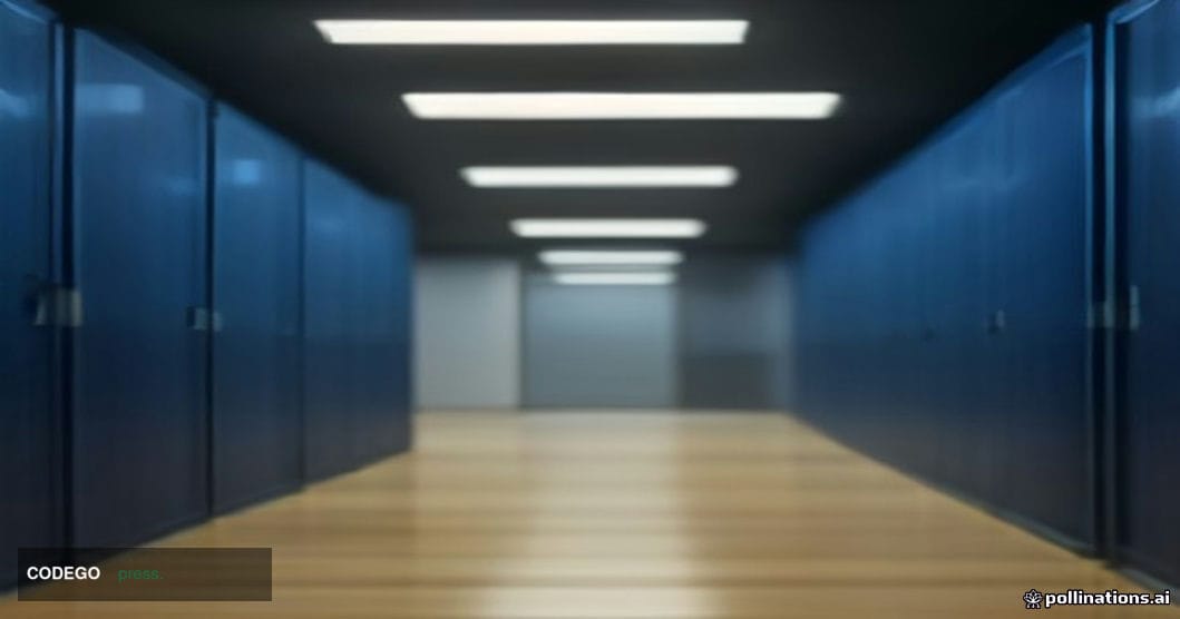A cinematic editorial photograph shot from a low angle inside a vast, modern banking data center corridor, with rows of sleek