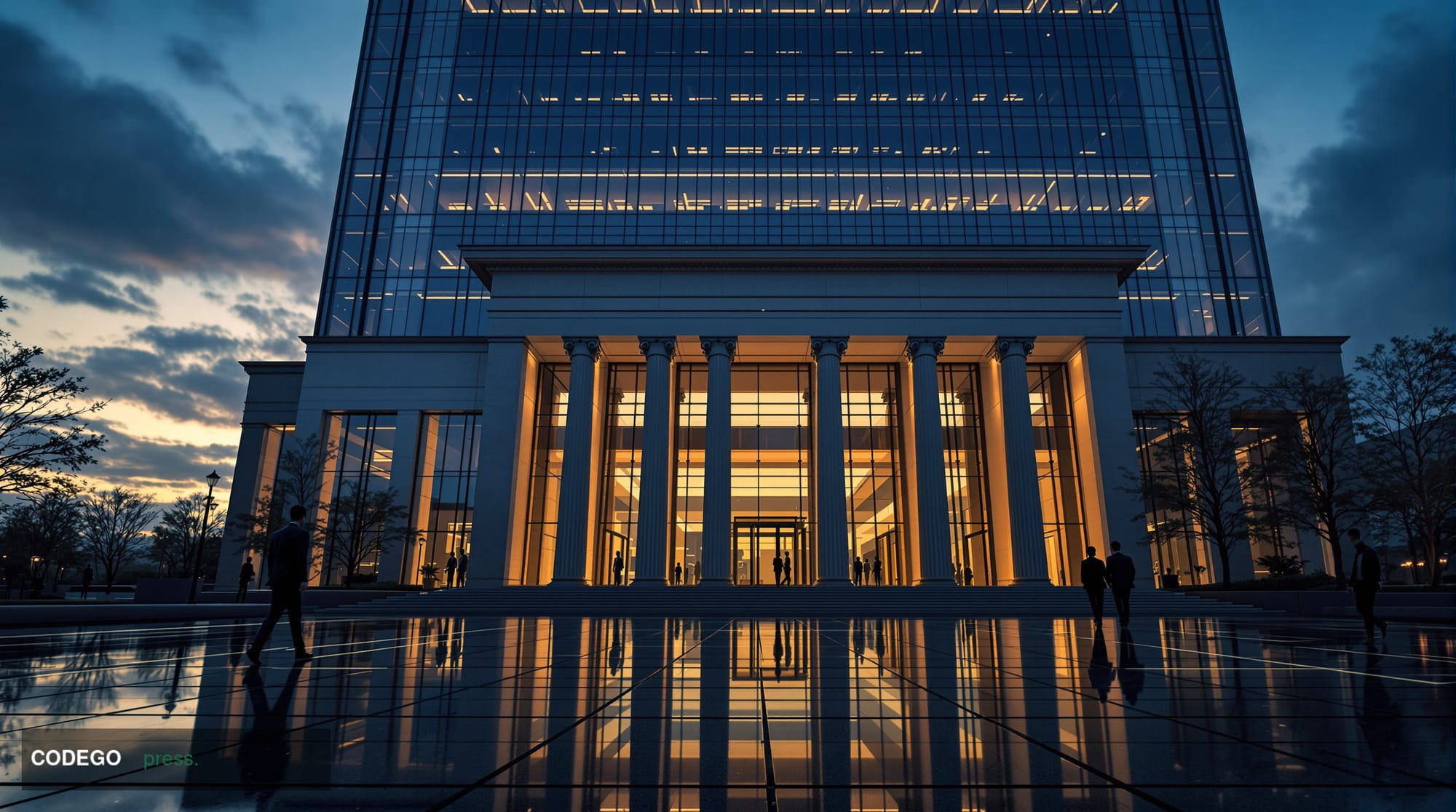 A monumental neoclassical banking headquarters exterior at dusk, photographed from a low wide-angle perspective looking upwar