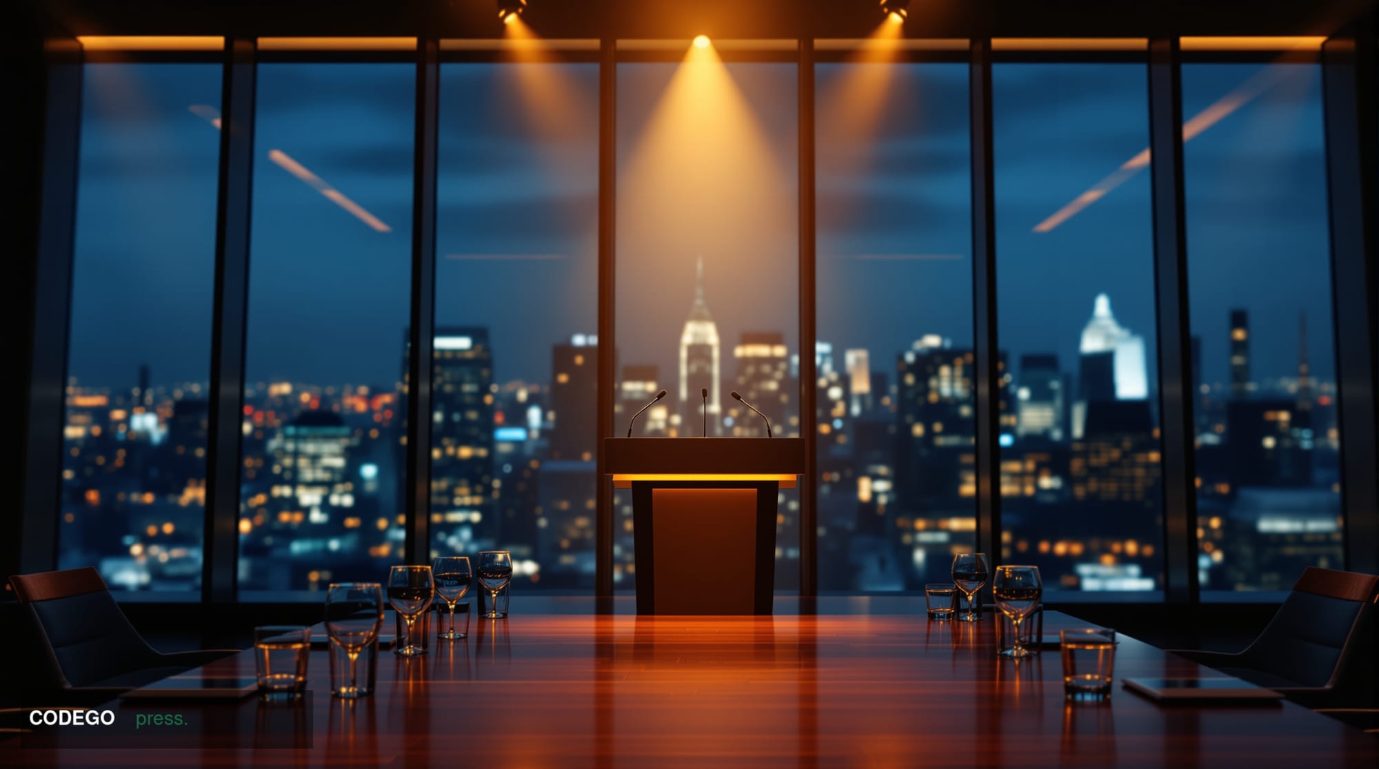 A photorealistic editorial photograph of a formal financial conference setting in a sleek Manhattan high-rise venue at dusk, 