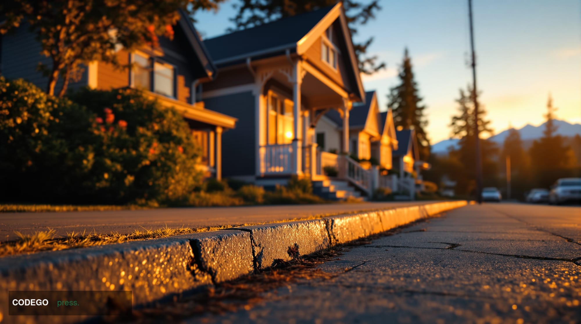 A dramatic wide-angle cinematic photograph of a row of classic Victorian-era wooden residential homes in Victoria, British Co