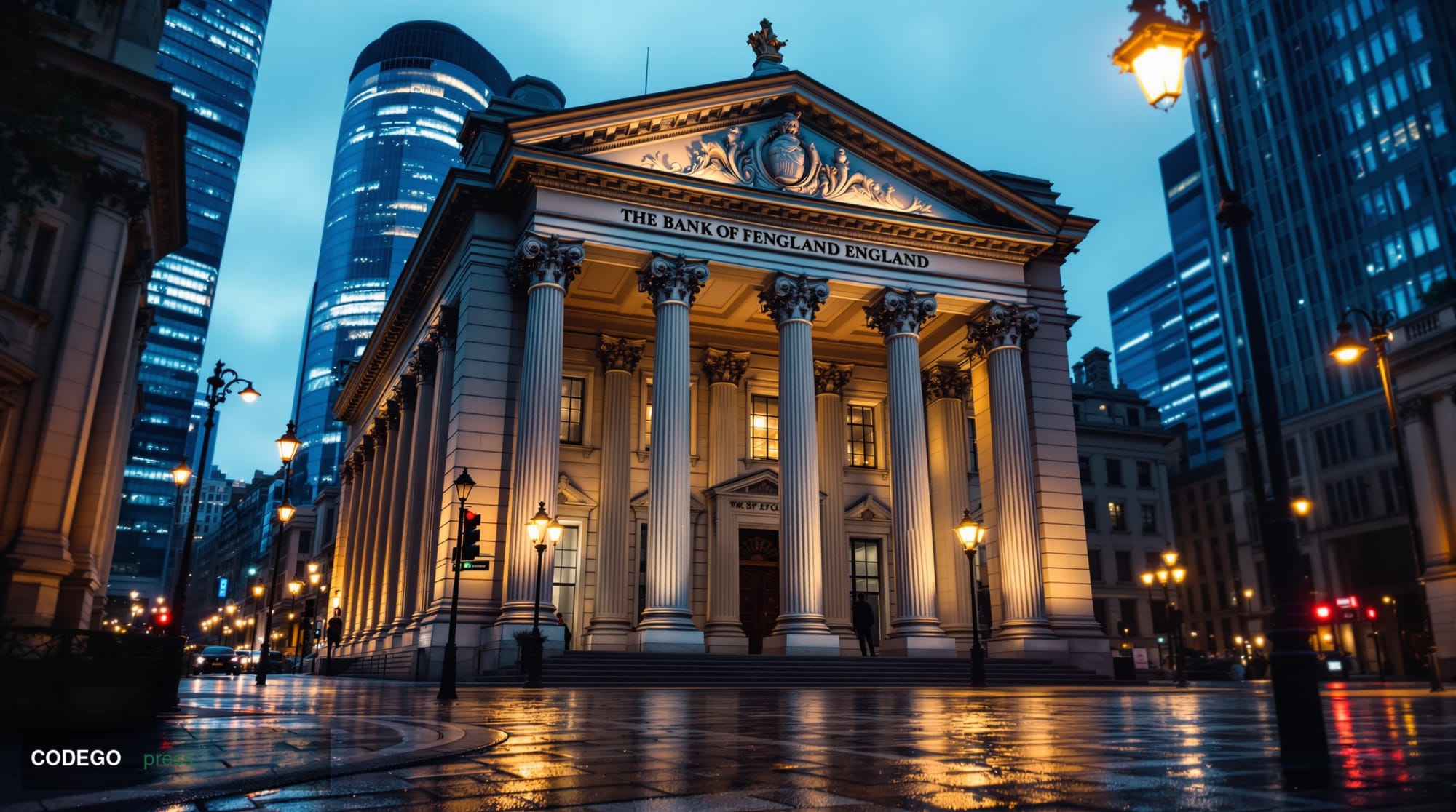 A photorealistic cinematic editorial photograph of the Bank of England's iconic neoclassical Portland stone headquarters on T