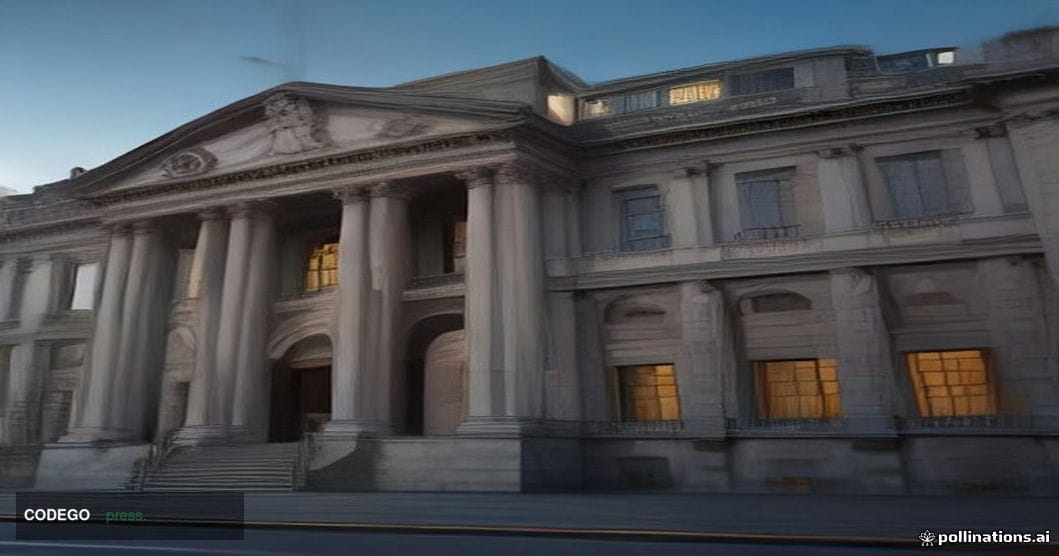 A photorealistic cinematic editorial photograph of the Bank of England's iconic neoclassical stone headquarters on Threadneed