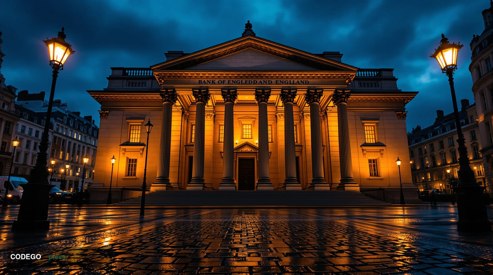 A photorealistic cinematic editorial photograph of the Bank of England's imposing neoclassical stone facade on Threadneedle S