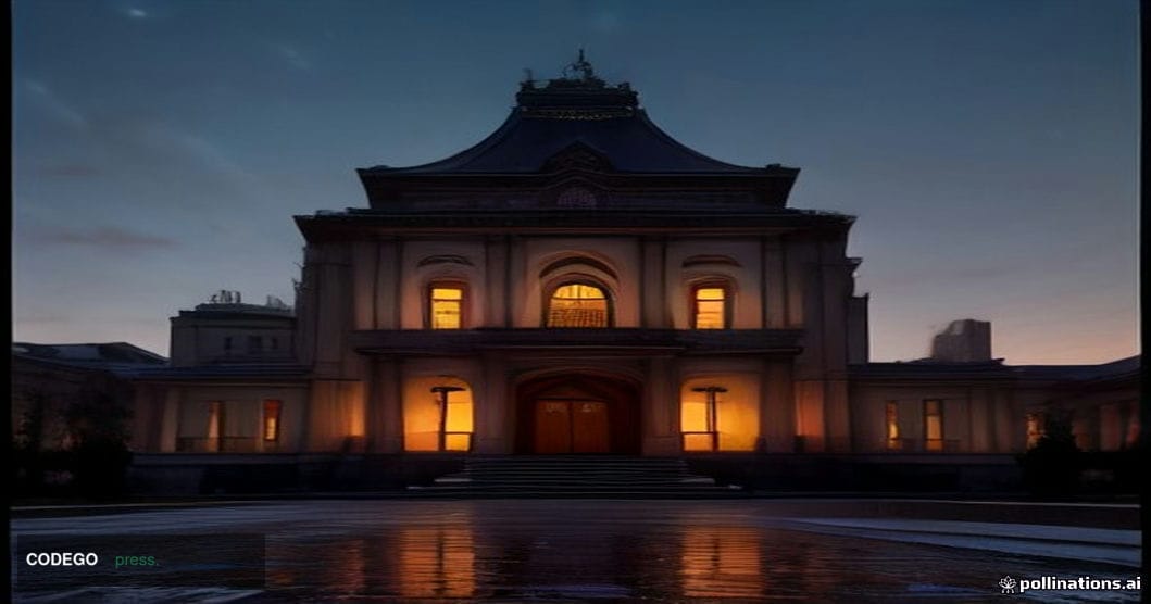 A cinematic editorial photograph of a grand Japanese central bank-style building exterior at twilight, with warm amber interi