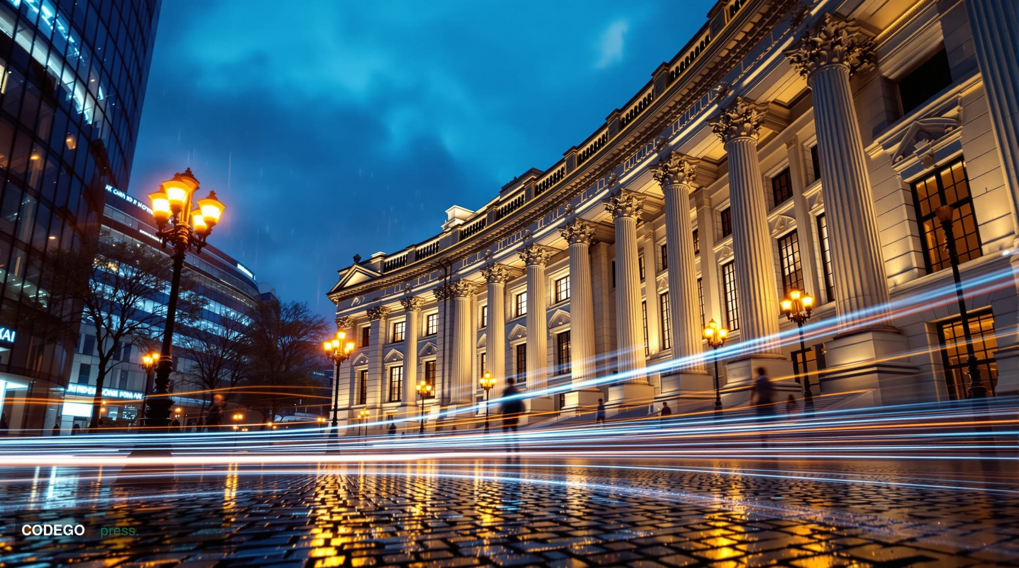 A photorealistic cinematic editorial photograph of the Bank of Japan's iconic neoclassical stone headquarters in Tokyo's Niho