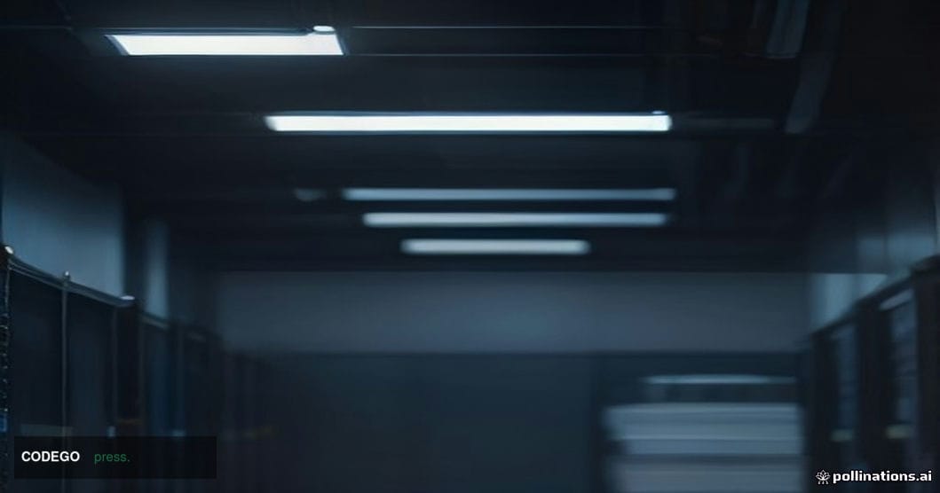 A dramatic cinematic editorial photograph set inside a large, dimly lit financial institution's server infrastructure corrido