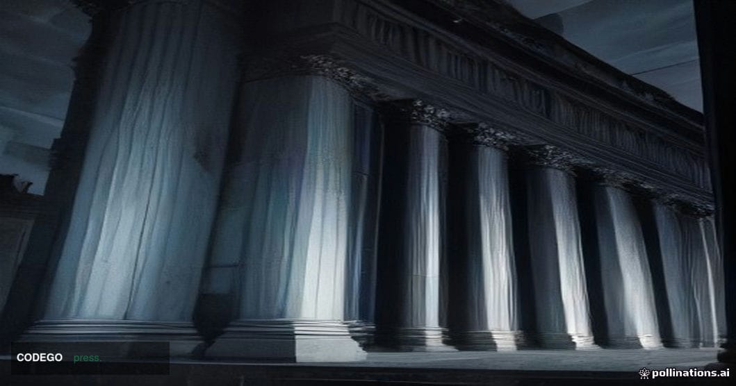 A somber, cinematic editorial photograph of a grand, imposing classical bank headquarters building at night, shot from a low 