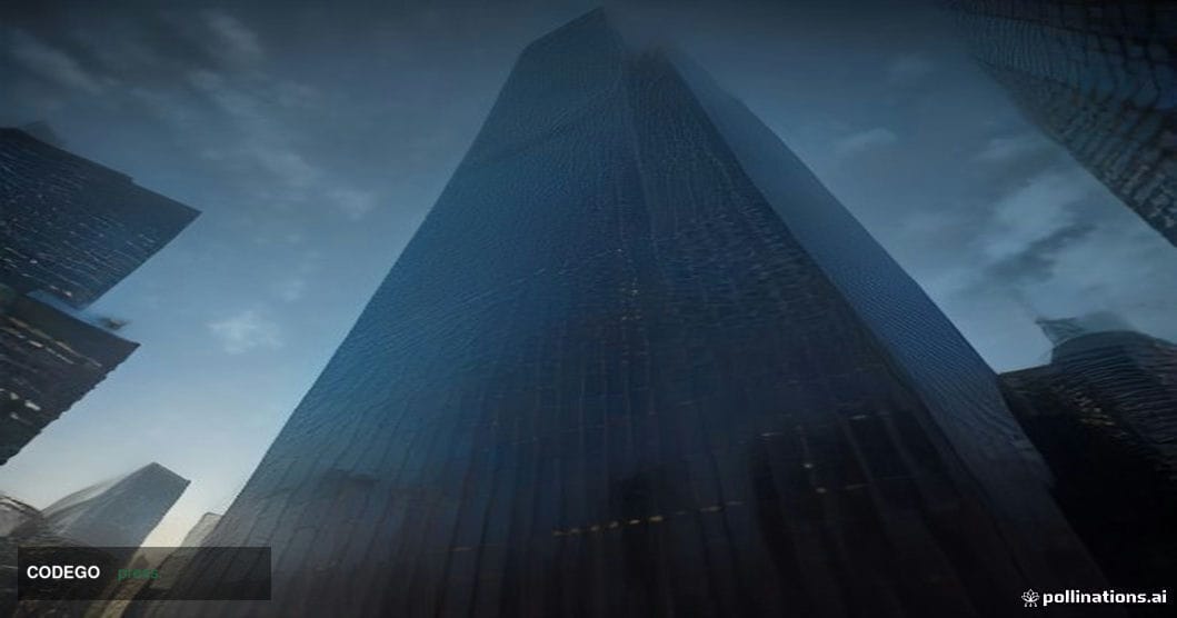 A cinematic editorial photograph shot from a low angle looking up at the towering glass facade of a major financial district 