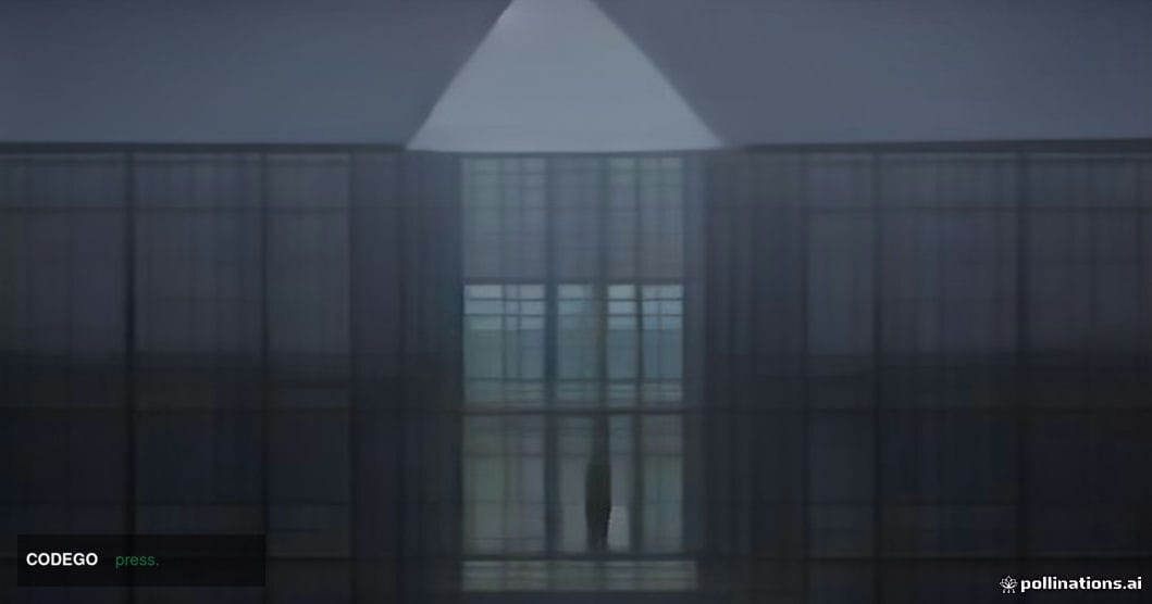 A cinematic editorial photograph shot from a low angle looking up at the imposing glass-and-steel facade of a traditional Eur