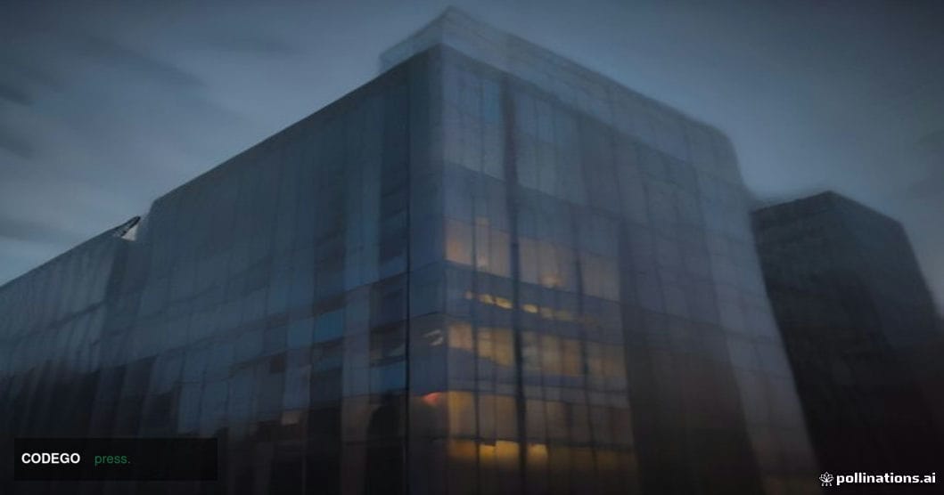 A wide-angle cinematic shot looking upward at the imposing glass-and-steel facade of a traditional European banking headquart