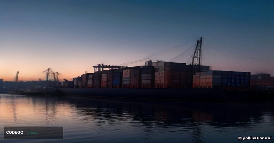 A vast, dimly lit international shipping port at dusk, with towering container cranes silhouetted against a deep amber and st