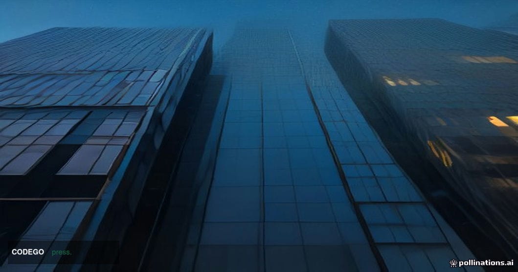 A cinematic editorial photograph shot from a low angle looking up at the glass-and-steel exterior of a major financial distri