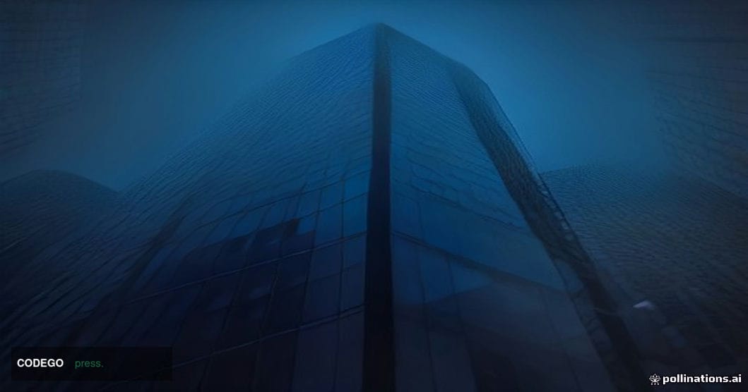 A cinematic editorial photograph shot from a low angle looking up at the glass-and-steel facade of a major financial district