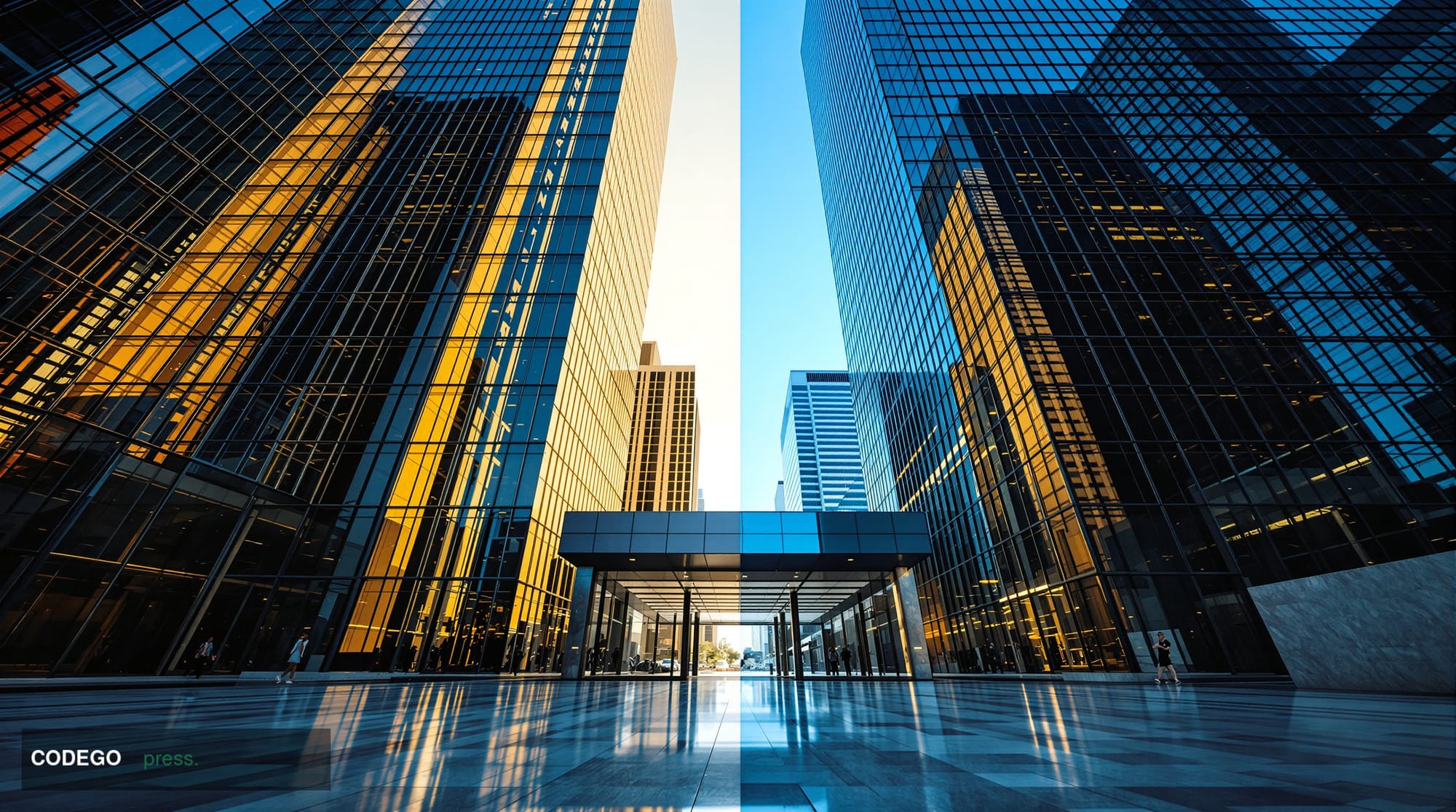 A cinematic editorial photograph taken from a low angle looking upward at the gleaming glass-and-steel facades of two adjacen