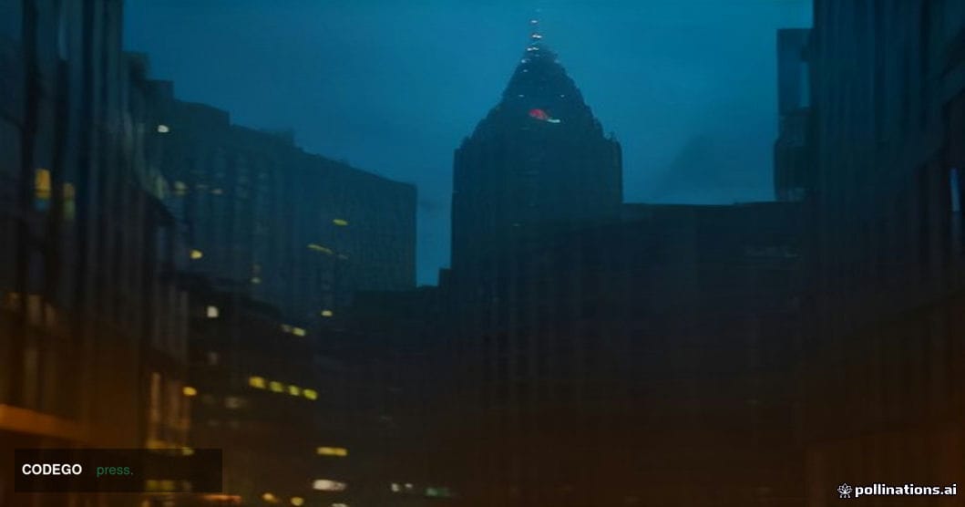 A cinematic editorial photograph of a sleek, glass-and-steel financial district at dusk, shot from a low angle looking upward