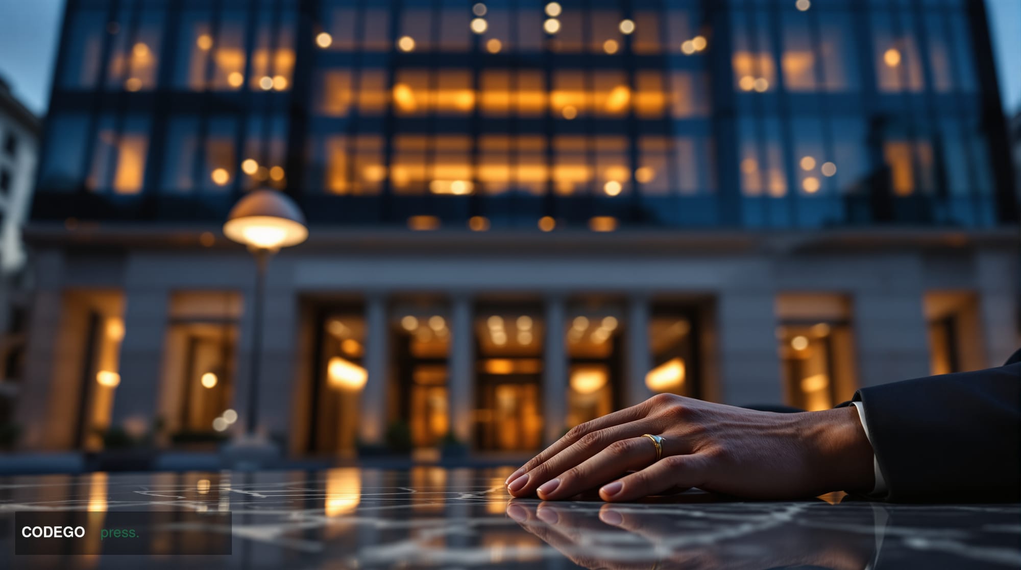 A cinematic editorial photograph shot from a low angle looking up at the glass-and-steel facade of a classical European bank 
