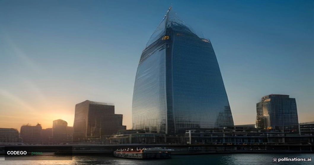 A sweeping cinematic exterior shot of Barclays' Canary Wharf headquarters tower in London at late afternoon, the glass facade
