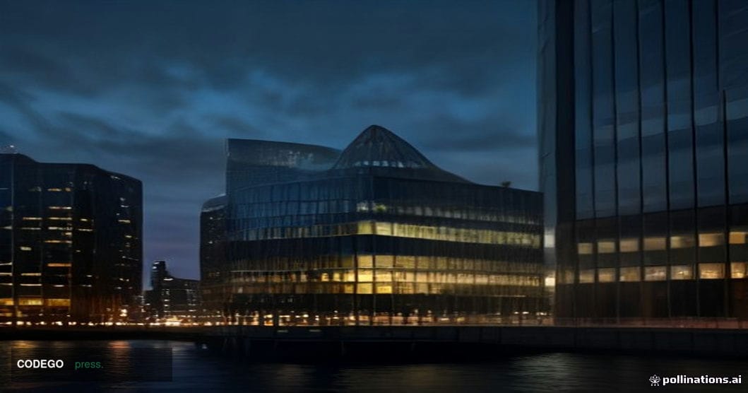 A dramatic exterior shot of the Barclays Canary Wharf headquarters tower in London at dusk, the glass-and-steel facade reflec